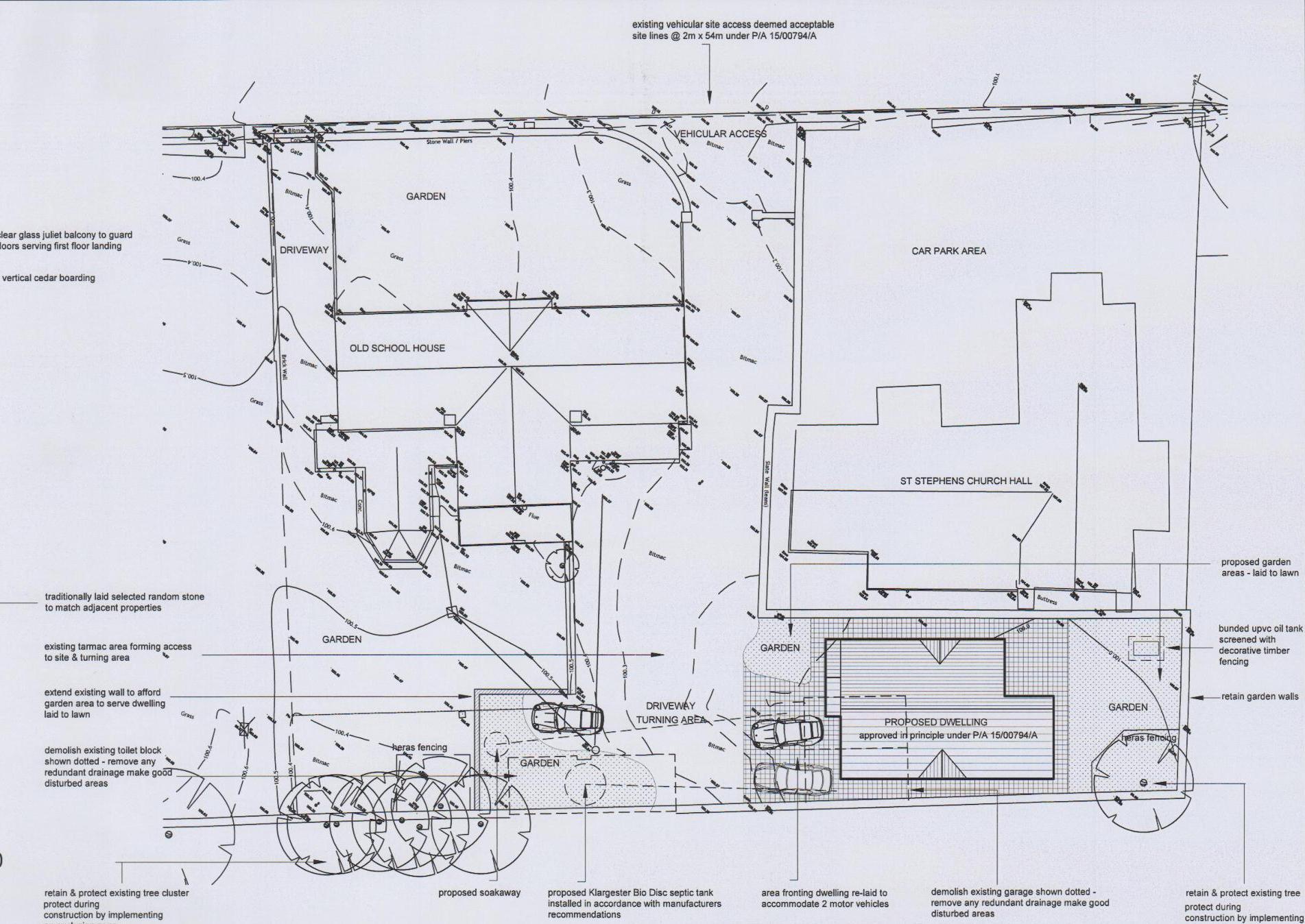 A technical site plan illustrating the layout for a proposed detached dwelling, including vehicular access, parking areas, and drainage infrastructure like a soakaway and septic tank.