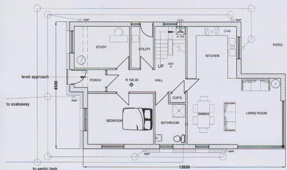 Architectural floor plan showing the layout of a new detached dwelling including rooms like a kitchen, living room, and study. The drawing details room dimensions, furniture placement, and drainage connections to a so...