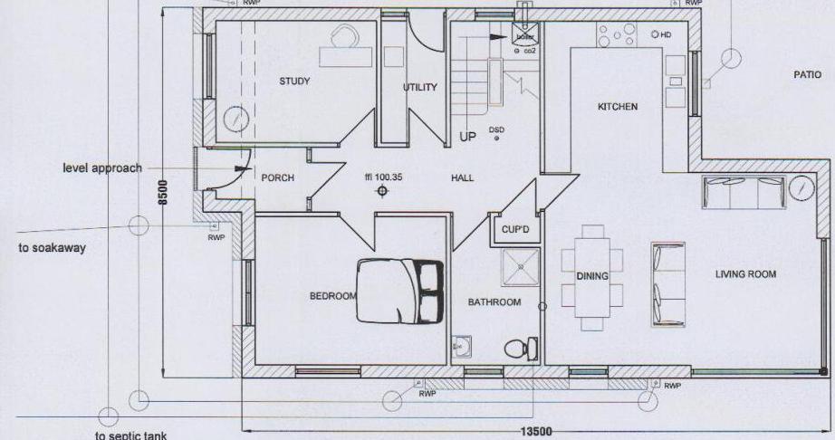 This image displays a detailed ground floor architectural plan for a proposed detached dwelling, showing room layouts and drainage connections.