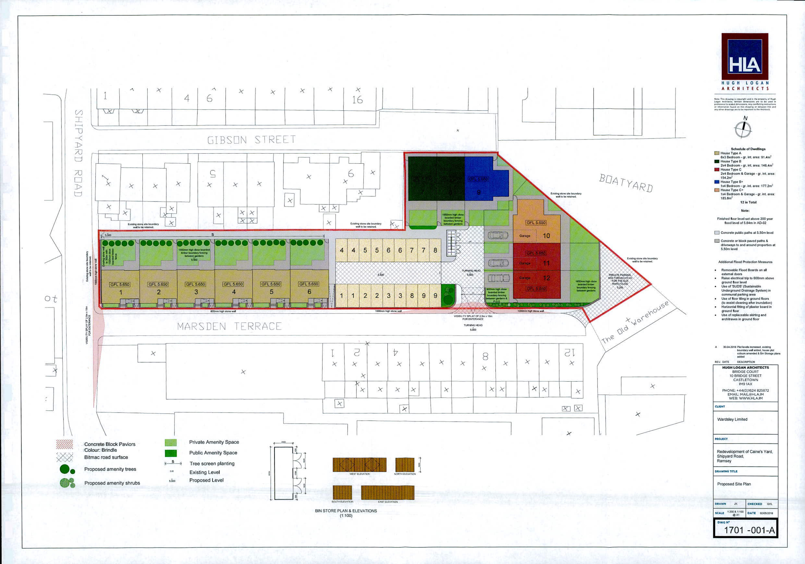 This image shows a proposed block plan for the redevelopment of Glebe's Yard in Ramsey, detailing the layout of new residential units, parking spaces, and amenity areas alongside existing streets.