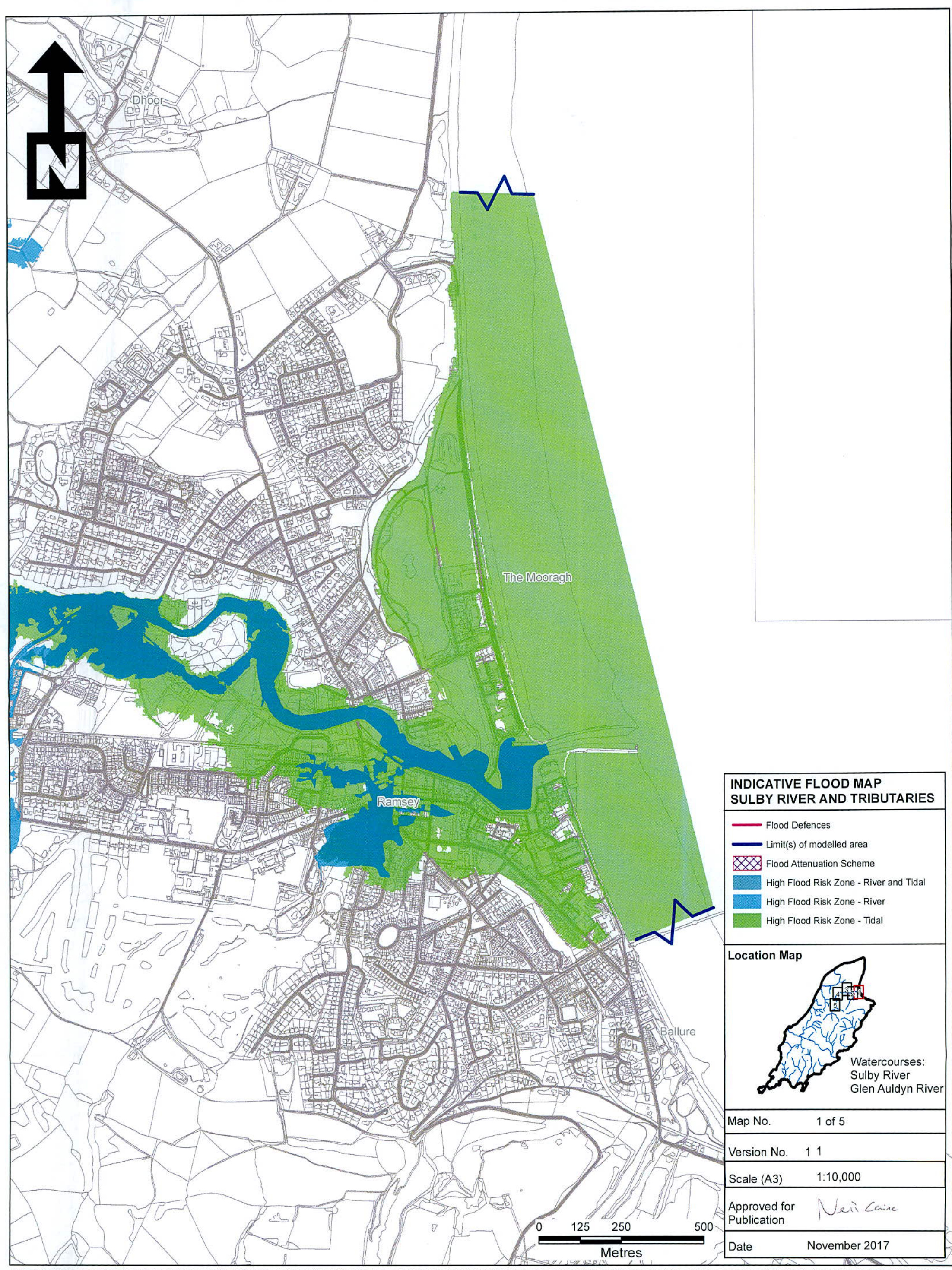Indicative flood risk map showing the Sulby River and tributaries with color-coded zones for river and tidal flood risks.