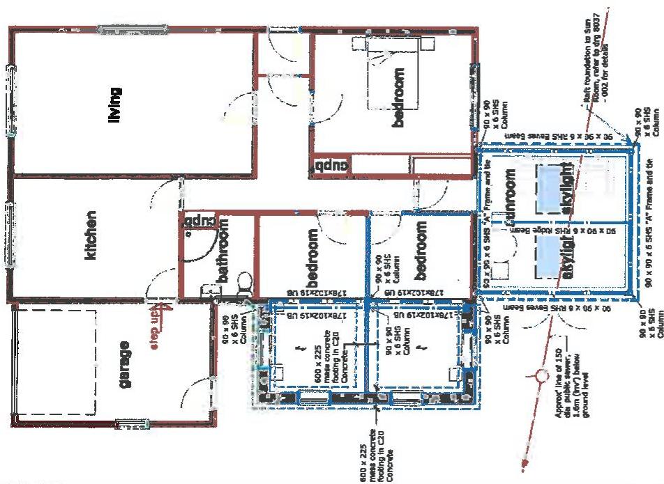 This image displays an architectural floor plan detailing a residential property with a new extension featuring a sunroom and bedrooms.