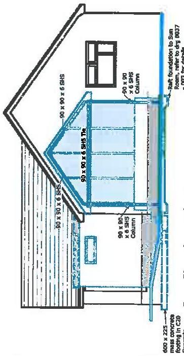 A technical architectural cross-section drawing detailing the structural components, roof framing, and foundation of a side and rear extension.