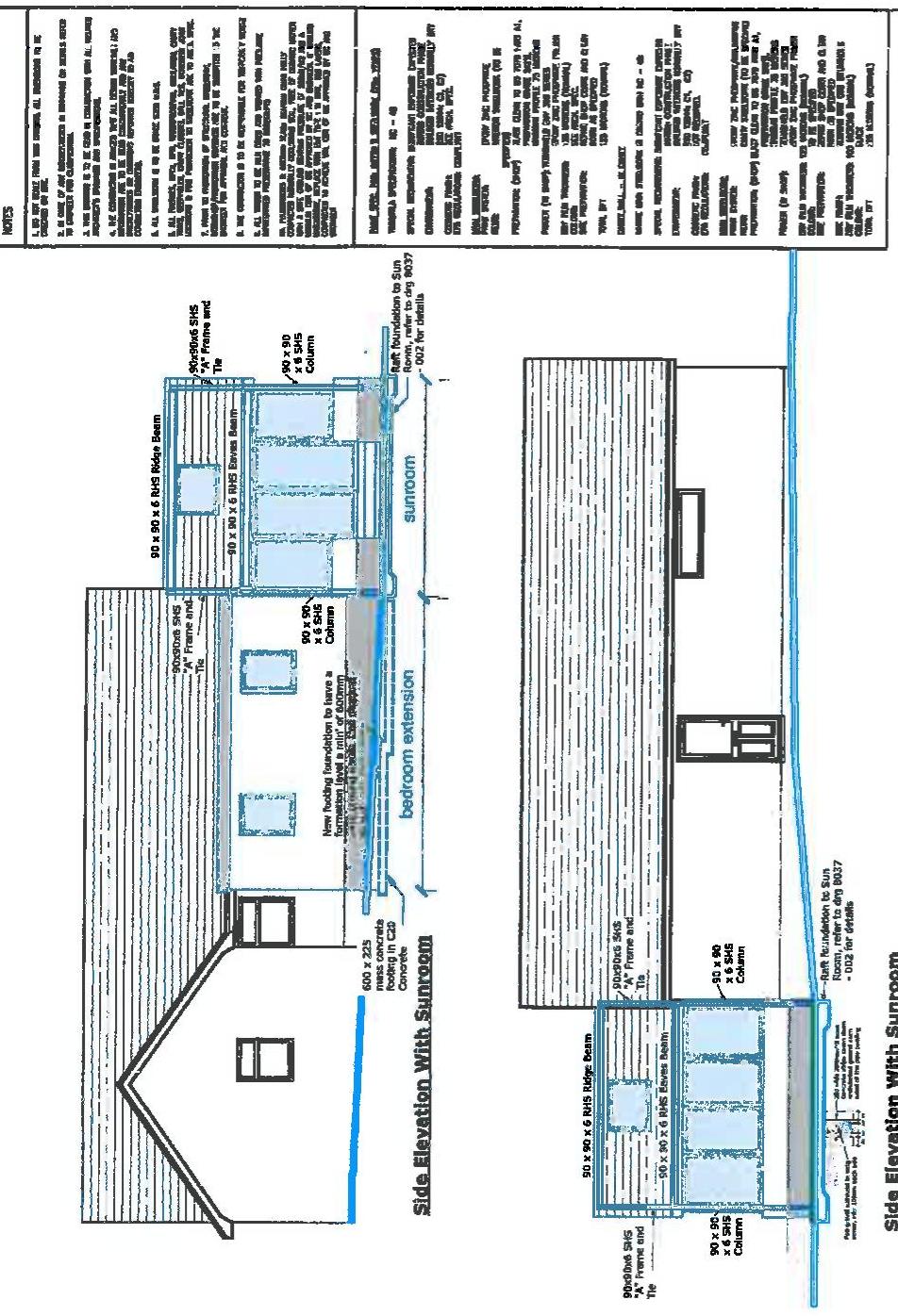 Architectural elevation drawing showing a proposed side extension with a sunroom and bedroom, including construction details and notes.