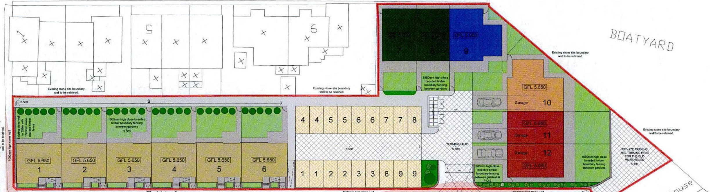 A site plan illustrating the layout of proposed residential units and garages alongside existing structures marked for demolition.