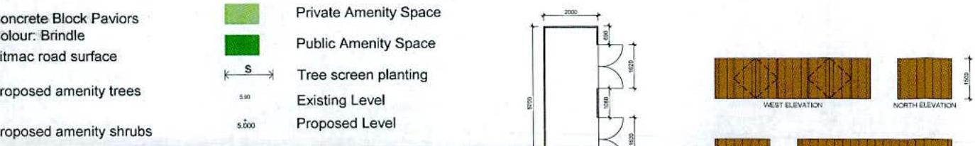 Architectural drawing showing West and North elevations of proposed dwellings alongside a legend for paving, amenity spaces, and planting.