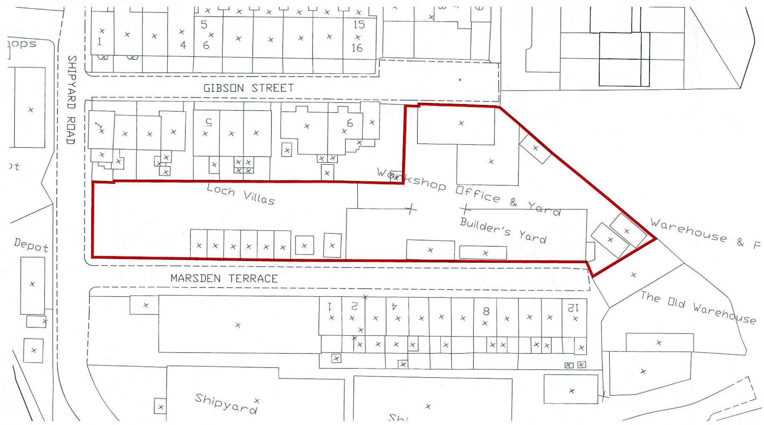 This image displays a site plan with a red outline indicating the proposed development area. It shows existing structures like 'Loch Villas' and a 'Builder's Yard' surrounded by streets such as Gibson Street and Marsd...