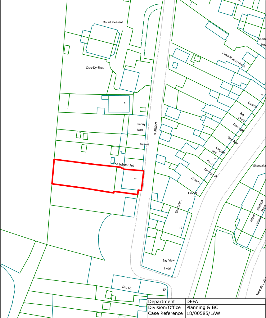 A site plan showing property boundaries and surrounding buildings with a specific plot highlighted in red. The map includes street names and a case reference table at the bottom.