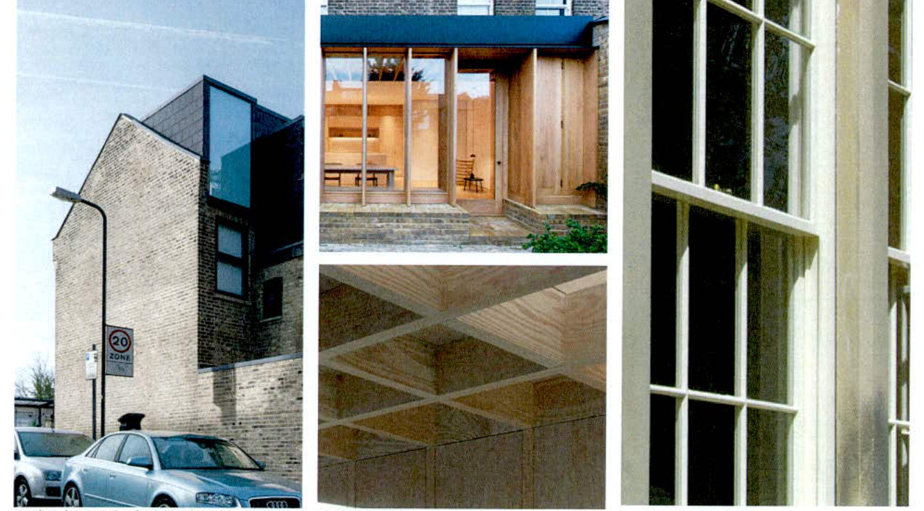 A collage of photographs showing a brick residential property with a modern rear extension, interior wooden ceiling details, and a close-up of a white sash window.