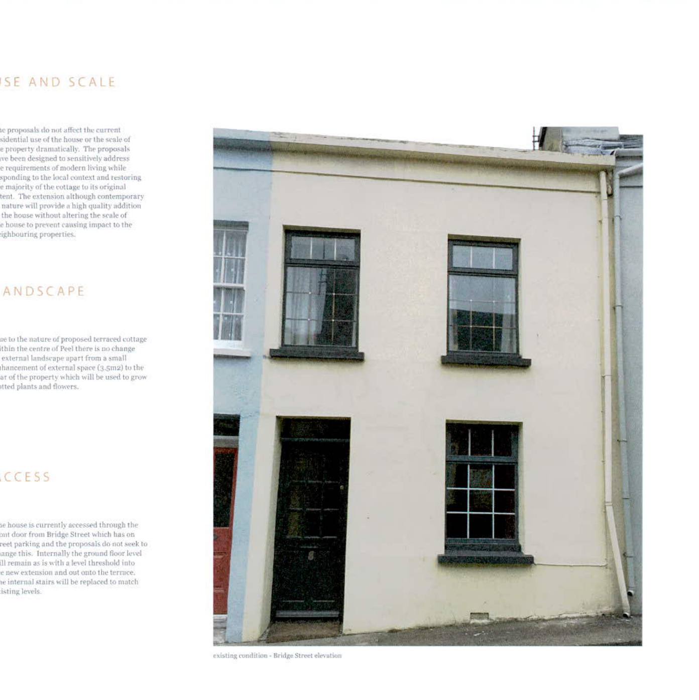 A document page displaying a photograph of a two-story cream terraced house elevation alongside text sections regarding size, landscape, and access.