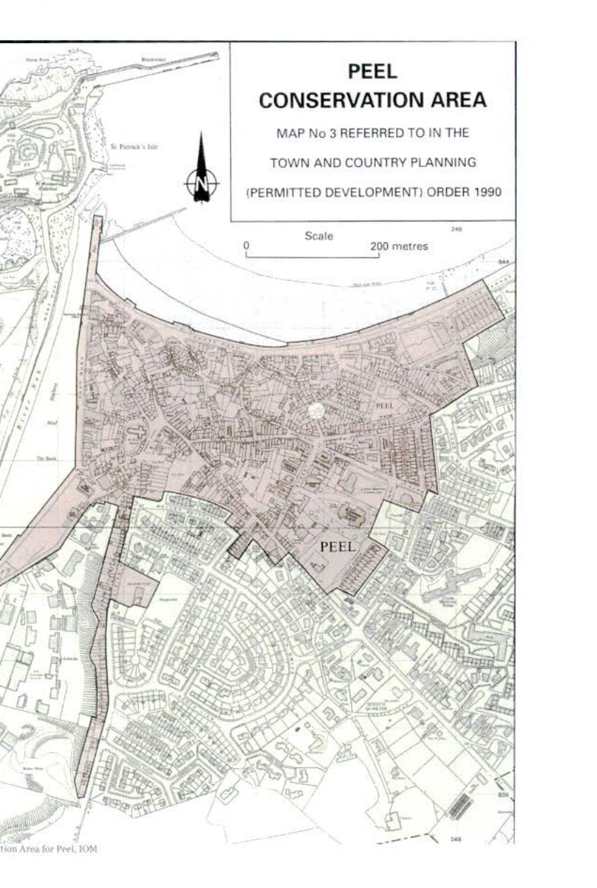 A map displaying the designated Peel Conservation Area boundary with a scale bar and north arrow.