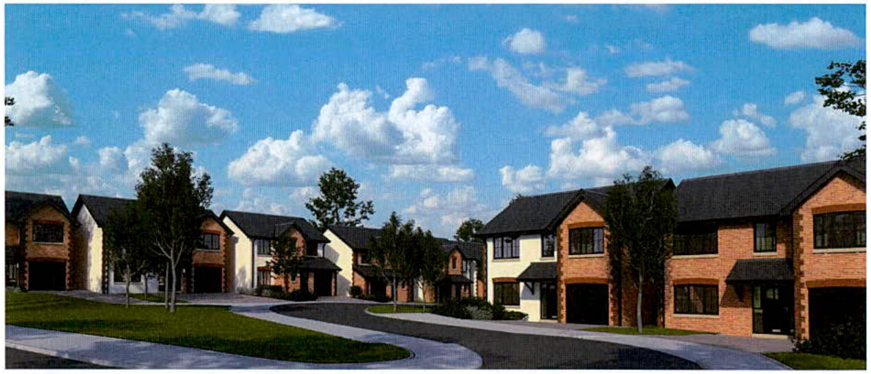 A photorealistic architectural rendering showing a row of proposed new semi-detached brick houses with garages, set along a curving road with landscaping and trees.