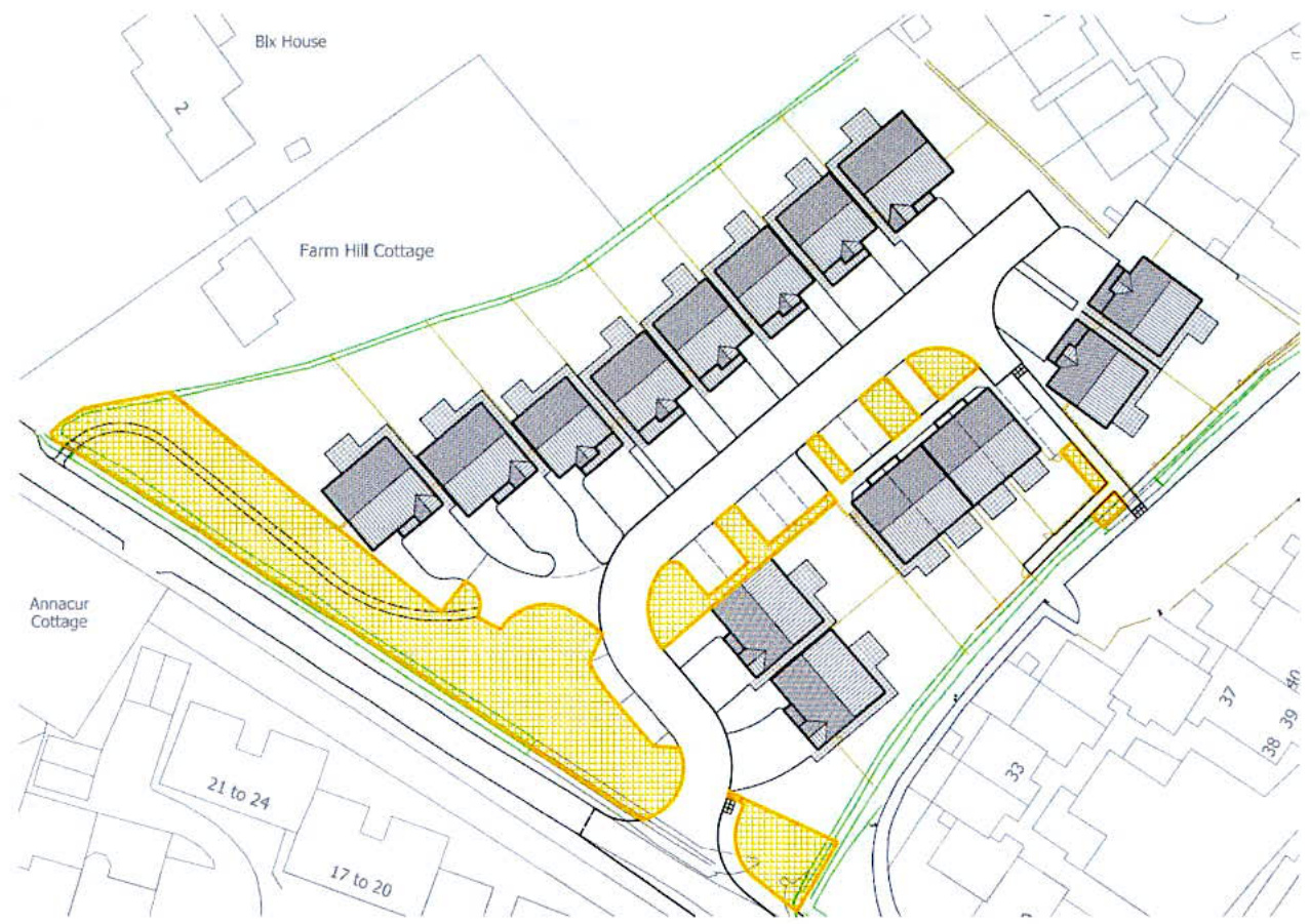 This image displays a site plan for a proposed housing development featuring 16 new dwellings arranged along a curved road with associated parking and landscaping areas.
