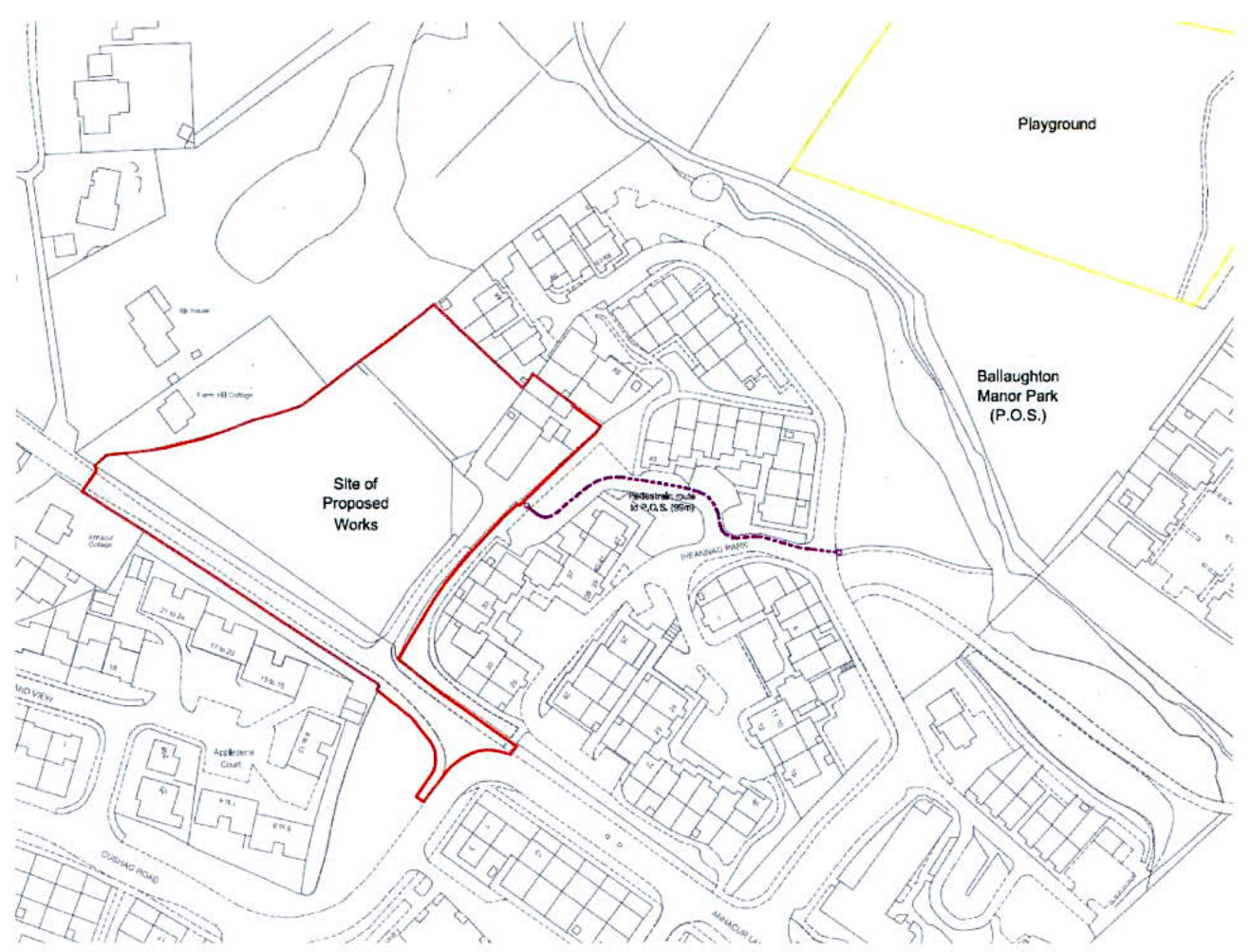 This image displays a site plan highlighting the 'Site of Proposed Works' with a red boundary line, situated near Ballaughton Manor Park and existing housing.