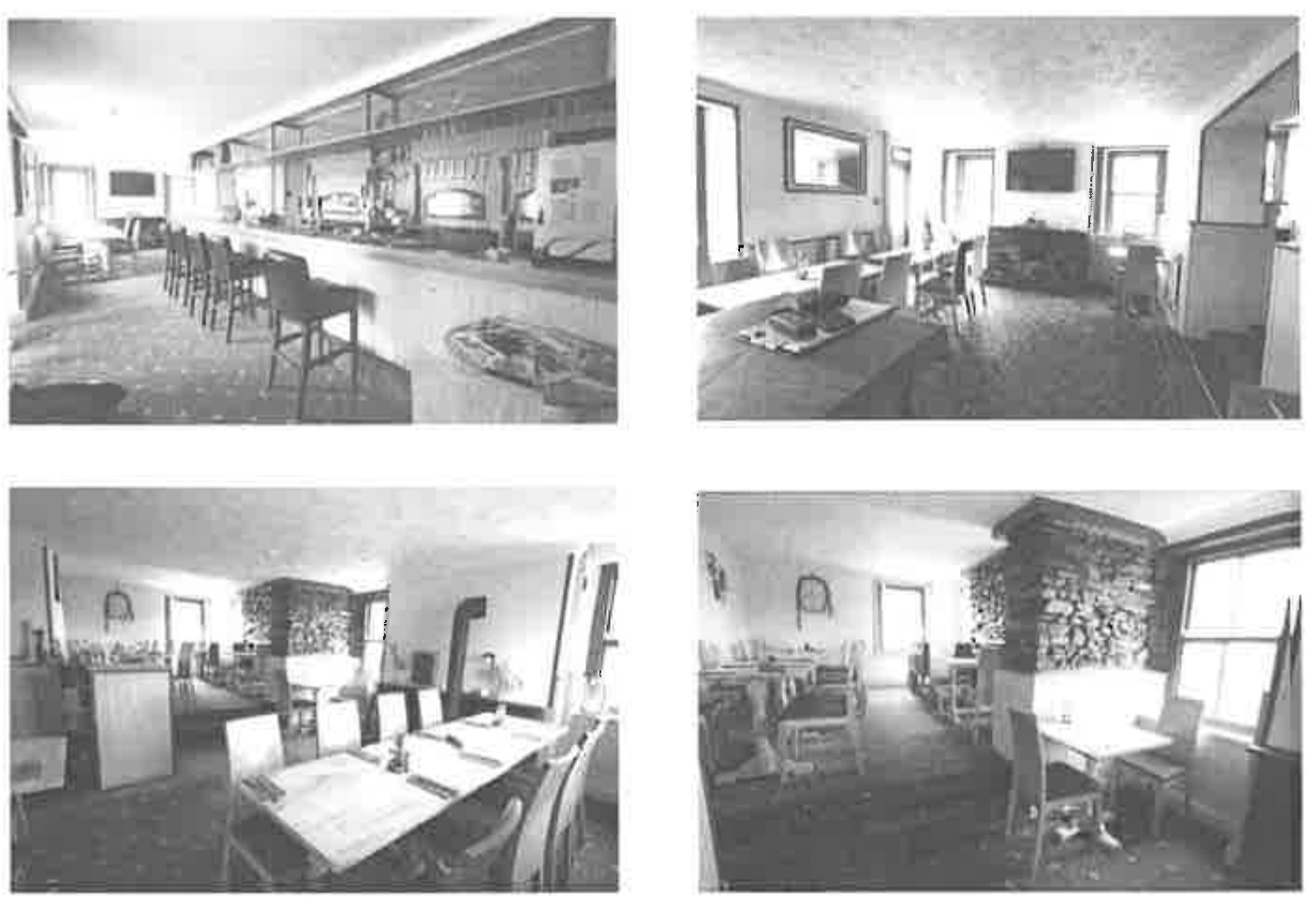 Four black and white interior photographs showing the bar counter, dining tables, and seating areas of a public house.