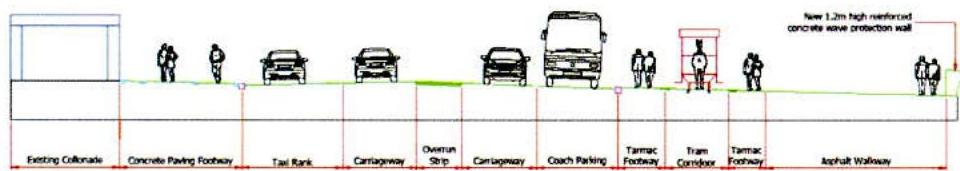 A technical cross-section drawing illustrating the proposed 1.2m high reinforced concrete wave protection wall alongside existing coastal infrastructure including footways and carriageways.