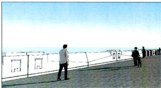 A perspective drawing or artist impression showing the proposed concrete sea wall along the promenade with figures for scale.