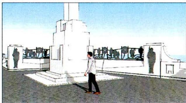 The image displays a perspective sketch or artist's impression of a proposed concrete wall structure surrounding a central monument, with silhouetted figures indicating scale.