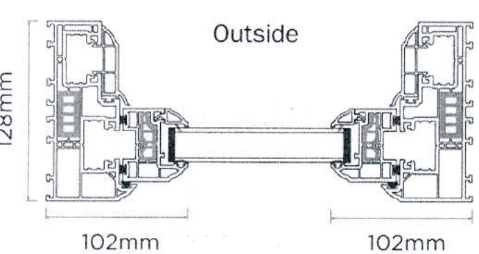 A technical cross-section drawing of a window frame showing dimensions and the 'Outside' orientation.