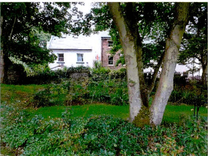 A photograph showing a white two-story house partially obscured by large trees and green foliage in the foreground.