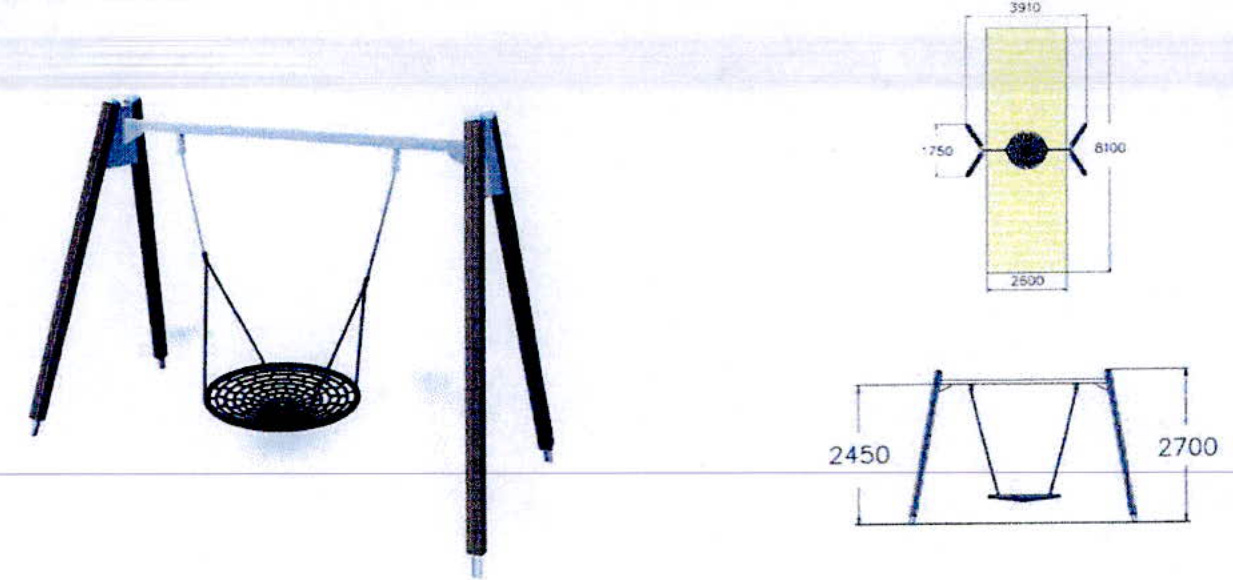 The image displays a technical diagram for a children's swing set, featuring a 3D perspective view alongside 2D plan and elevation views with specific dimensions.