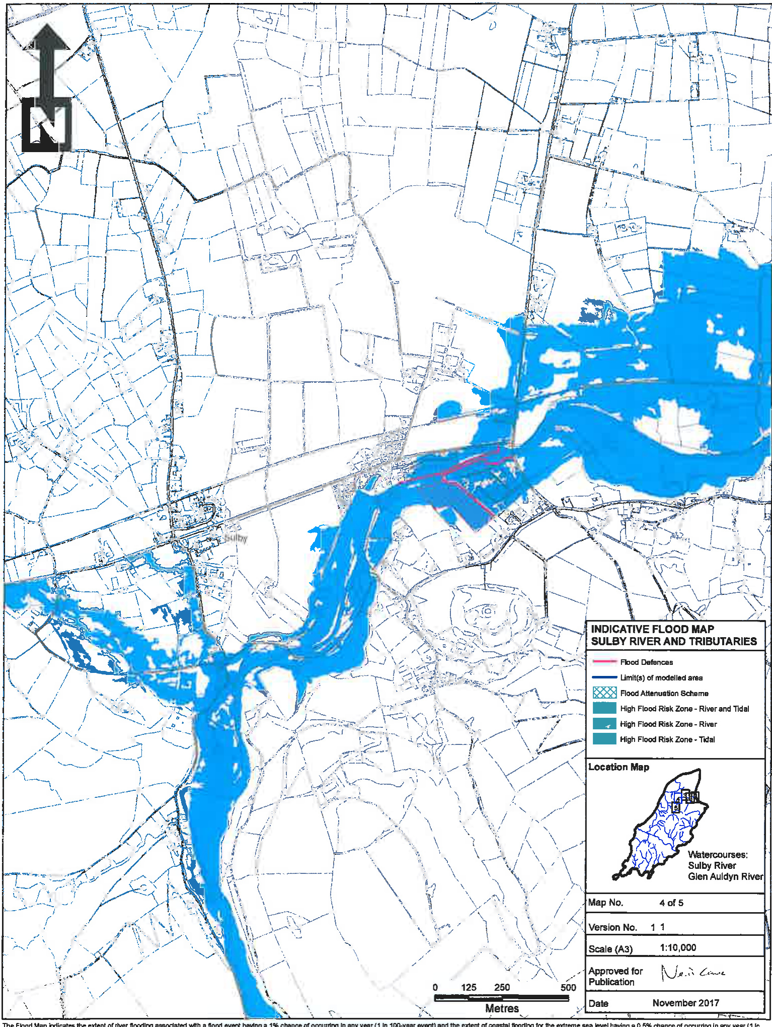 This is an indicative flood risk map showing the Sulby River and tributaries, with blue areas indicating high flood risk zones.
