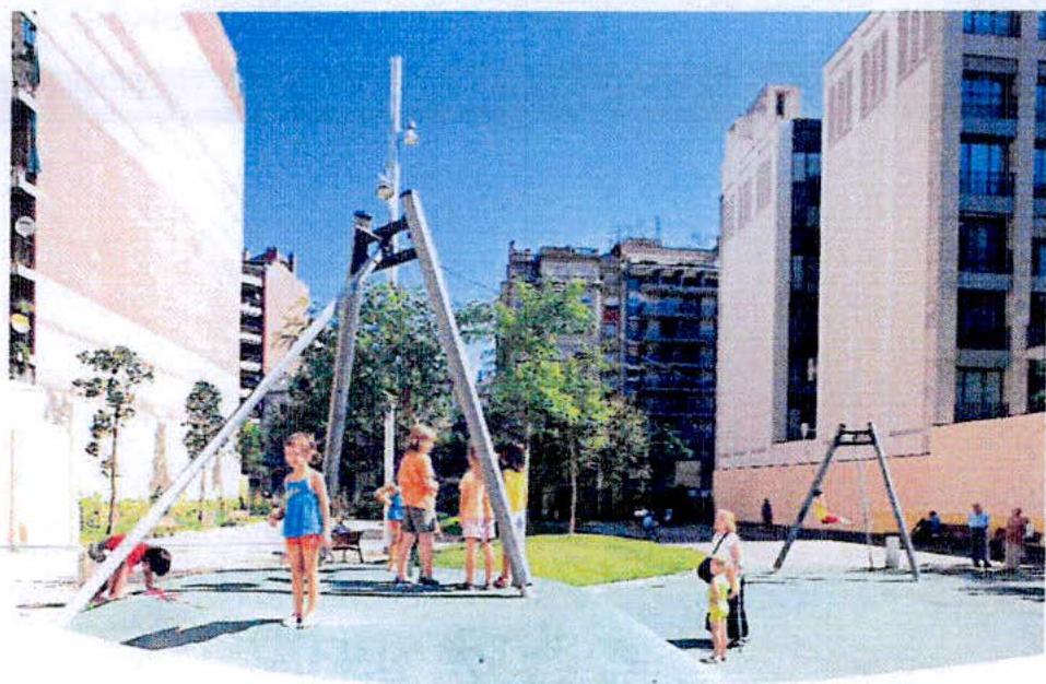 A photorealistic rendering or photograph showing a children's playground with swings and modern apartment buildings in the background.
