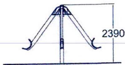 A technical line drawing detailing a swing frame structure with a height dimension of 2390mm, likely part of the proposed children's play area.