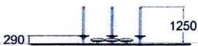 A technical cross-section detail drawing showing dimension lines with values 290 and 1250 and vertical elements.