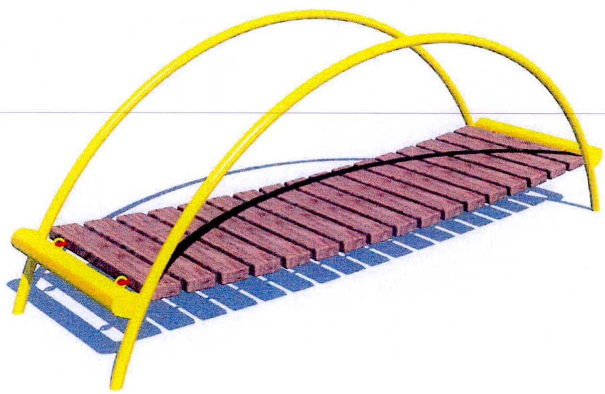 A 3D rendering of a children's play structure featuring yellow arches and wooden slats, likely a bridge or tunnel component for a play area.