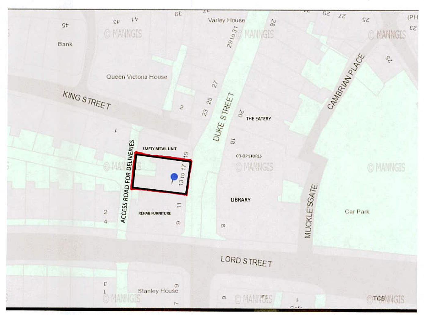 A site location map highlighting a specific retail unit (13-19 Duke Street) with a red boundary box and a blue marker, surrounded by nearby streets and buildings.