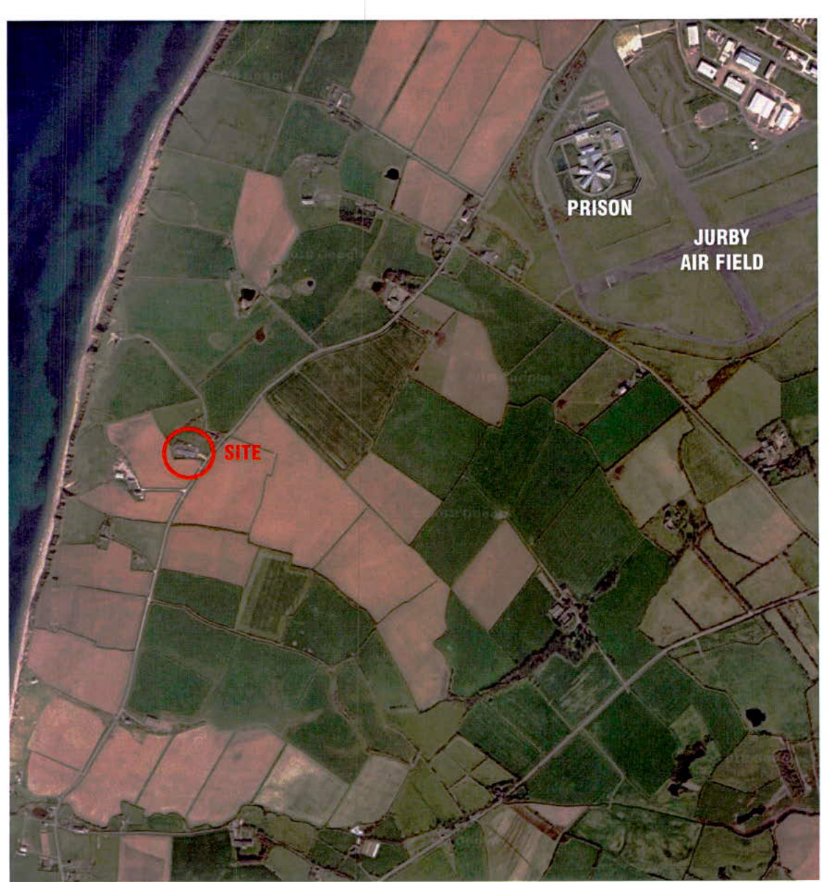 An aerial site location map showing the proposed development site circled in red near the coast, with nearby landmarks like a prison and airfield labeled.