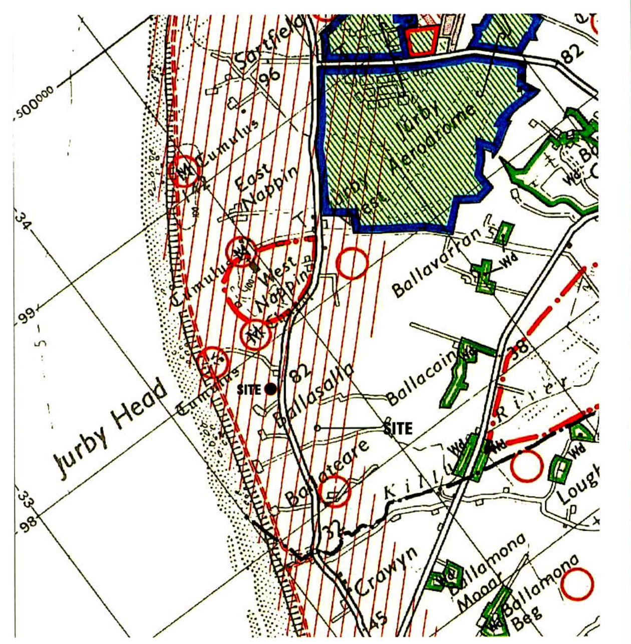 This is a site location map showing the proposed development site marked near Jurby Head and Jurby Aerodrome with surrounding topographical features.