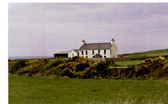 A photograph showing a white, two-story detached house situated in a rural, grassy landscape with gorse bushes in the foreground.