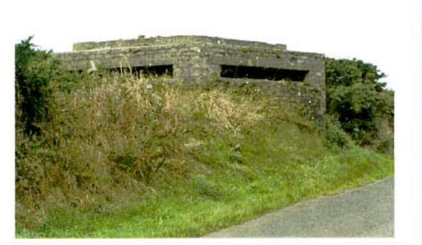 A photograph showing a weathered concrete military bunker or pillbox situated on a grassy embankment next to a road.