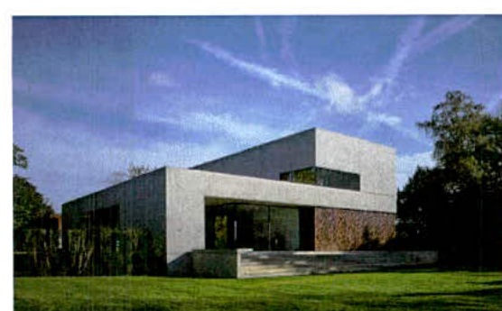 A photorealistic rendering of a modern, detached single-story dwelling with flat roofs and large windows, set in a grassy rural environment.