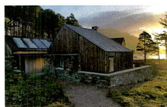 A photograph or rendering of a proposed detached dwelling in a rural setting, featuring solar panels on an adjacent roof section and a stone boundary wall.