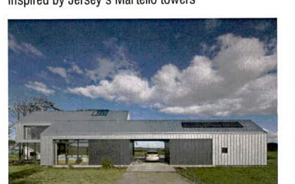 A photorealistic architectural rendering of a proposed modern detached dwelling with a long roofline, solar panels, and a central carport.