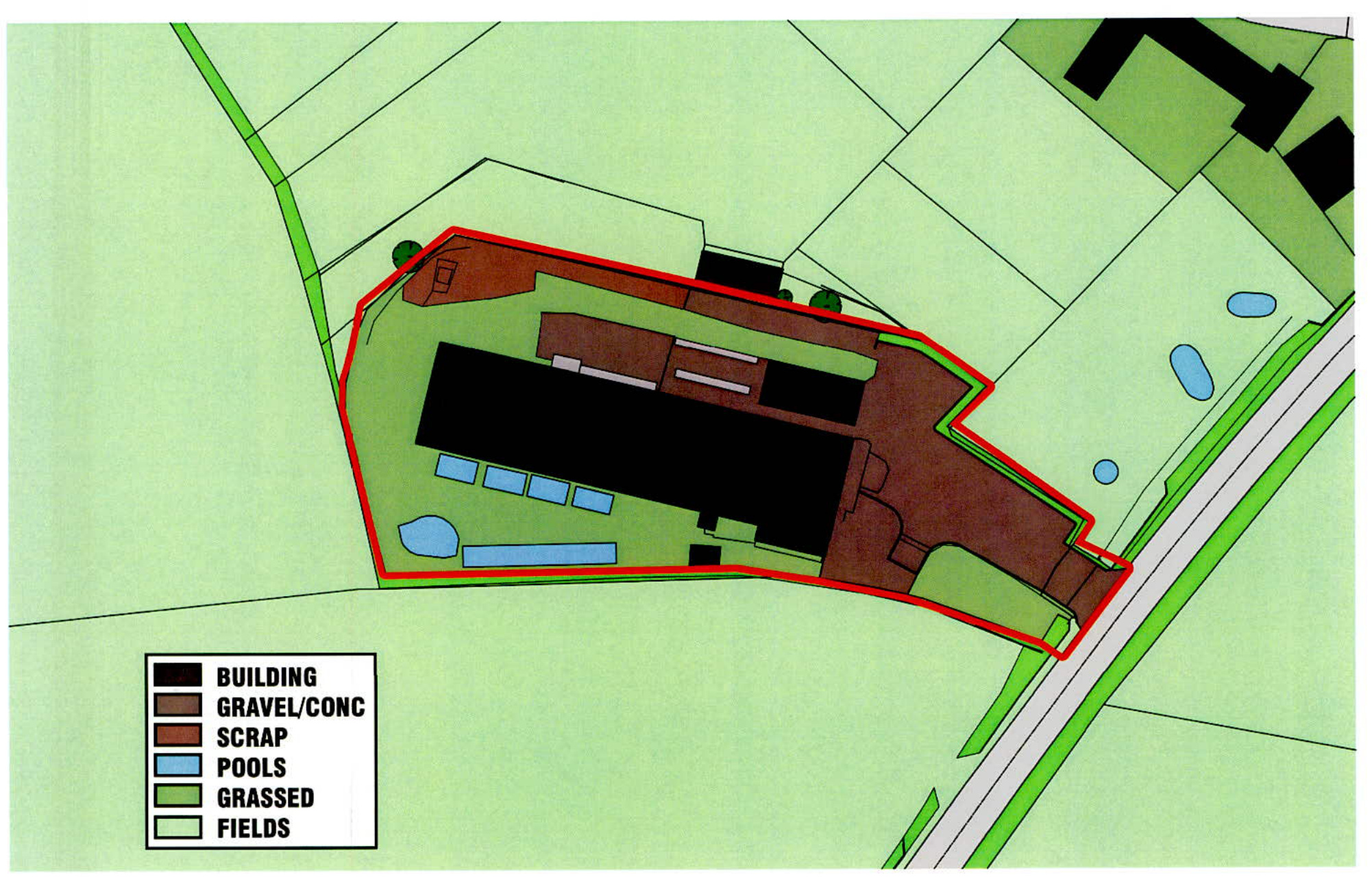 A colored site plan showing the existing site layout with a legend indicating buildings, gravel areas, pools, and fields, surrounded by a red boundary line.