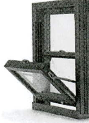 A technical detail view of a timber window frame, likely showing the opening mechanism and frame construction.