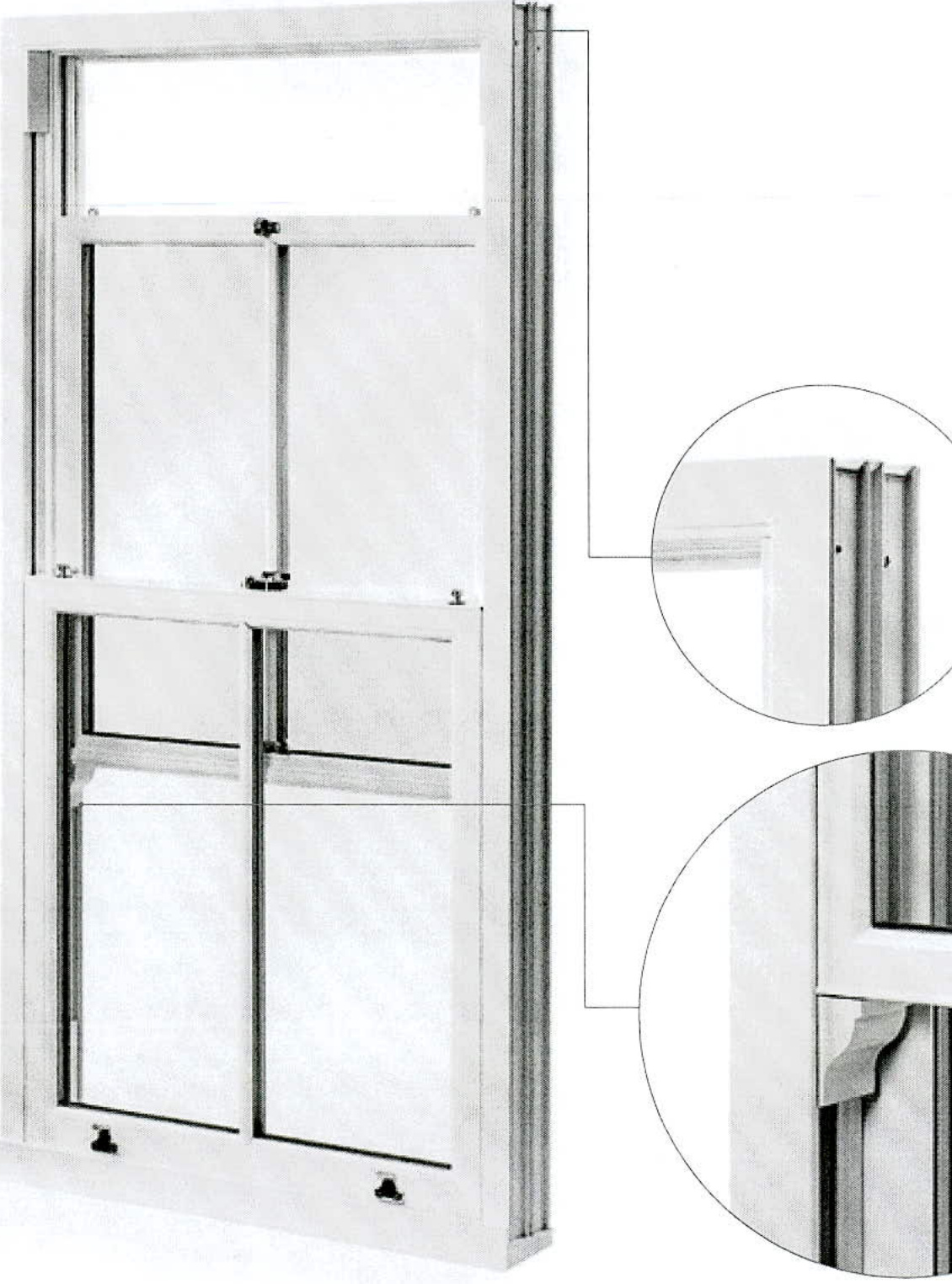 Technical diagram of a white window unit showing frame profiles and glazing details with callouts.