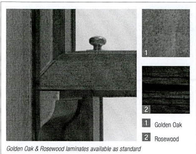 A black and white scan showing a close-up of a window frame detail alongside wood grain finish samples labeled Golden Oak and Rosewood.