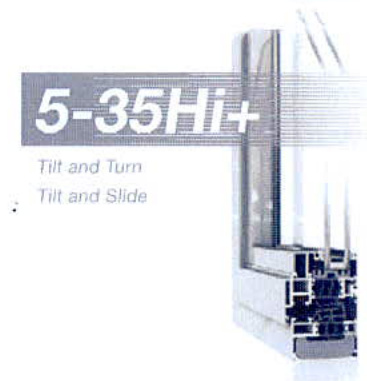 A technical cross-section drawing of a window or door frame profile system, labeled '5-35Hi+' and showing 'Tilt and Turn' and 'Tilt and Slide' mechanisms.