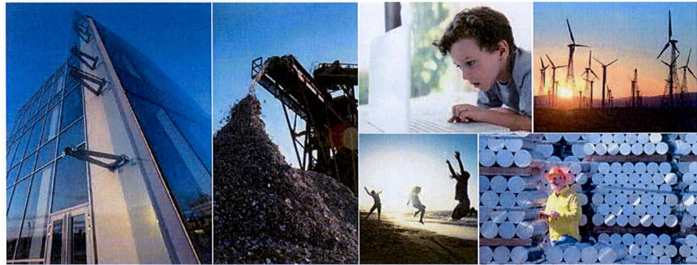 A collage of six unrelated stock photographs featuring a glass building facade, industrial machinery, a child on a laptop, wind turbines, people on a beach, and stacked pipes.