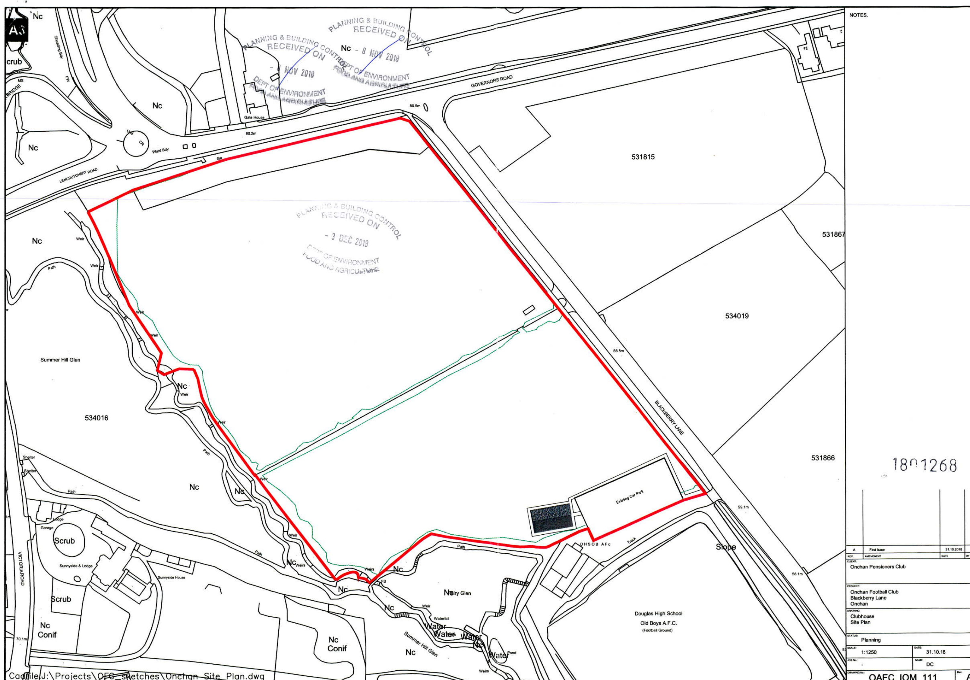 A black and white site plan showing the application area outlined in red, located near Governor's Road and Blackberry Lane.
