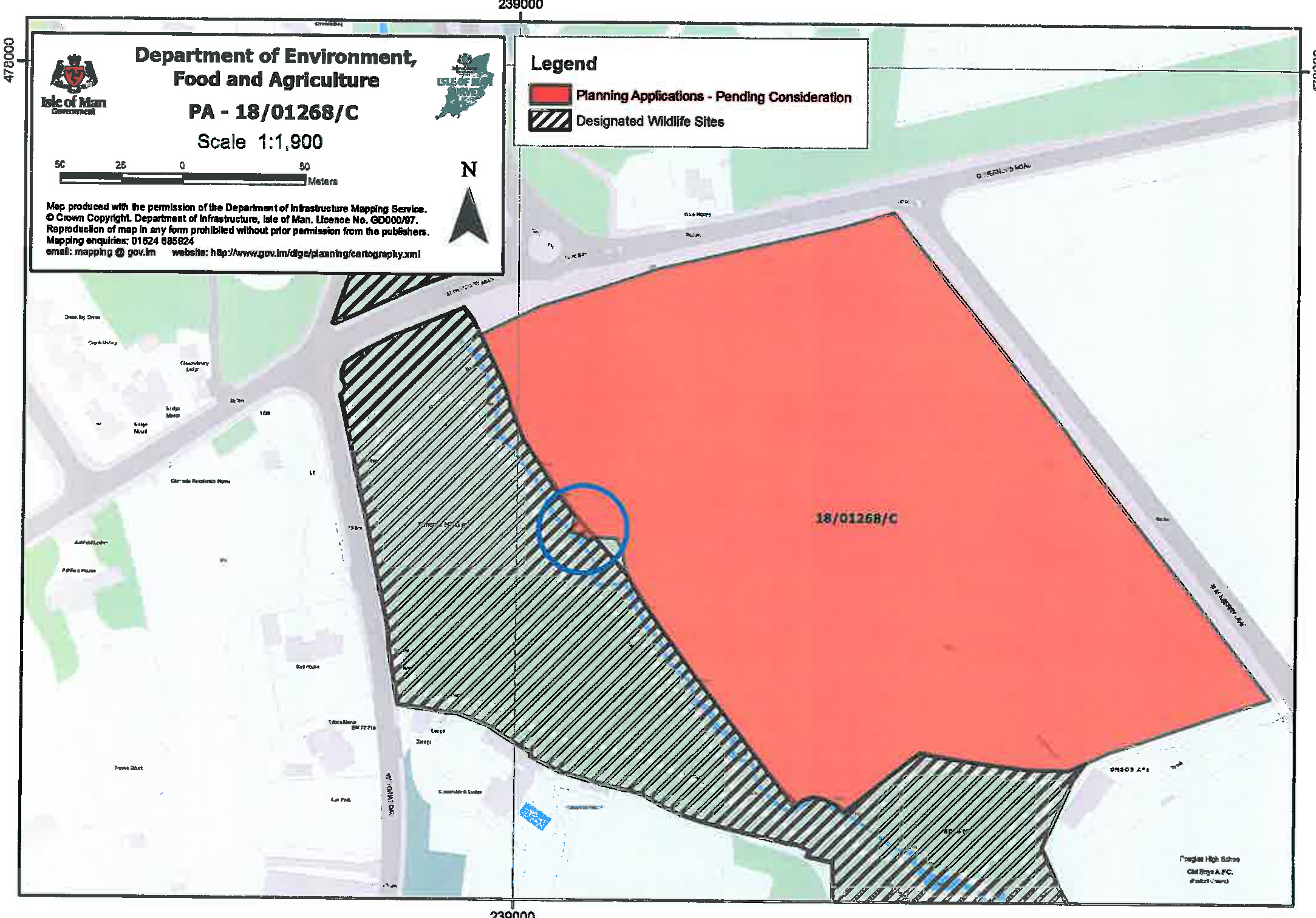 A planning application site map from the Department of Environment, Food and Agriculture showing the red application boundary and adjacent designated wildlife sites with hatching.