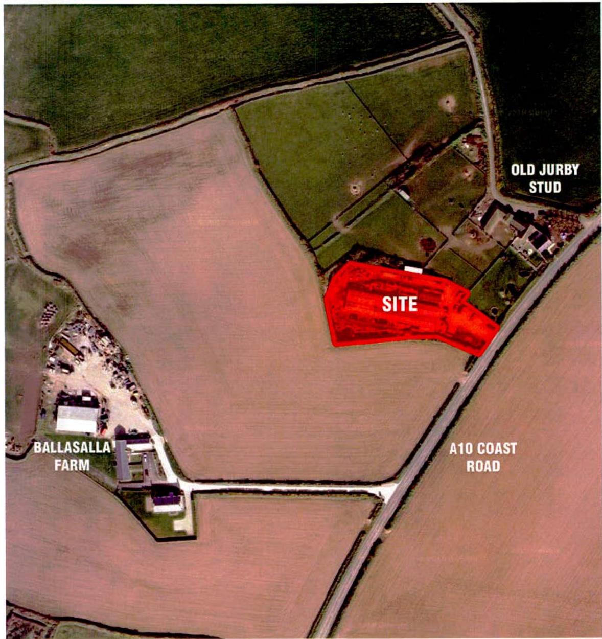 An aerial site location map showing a red highlighted plot labeled 'SITE' adjacent to the A10 Coast Road and near Ballasalla Farm.