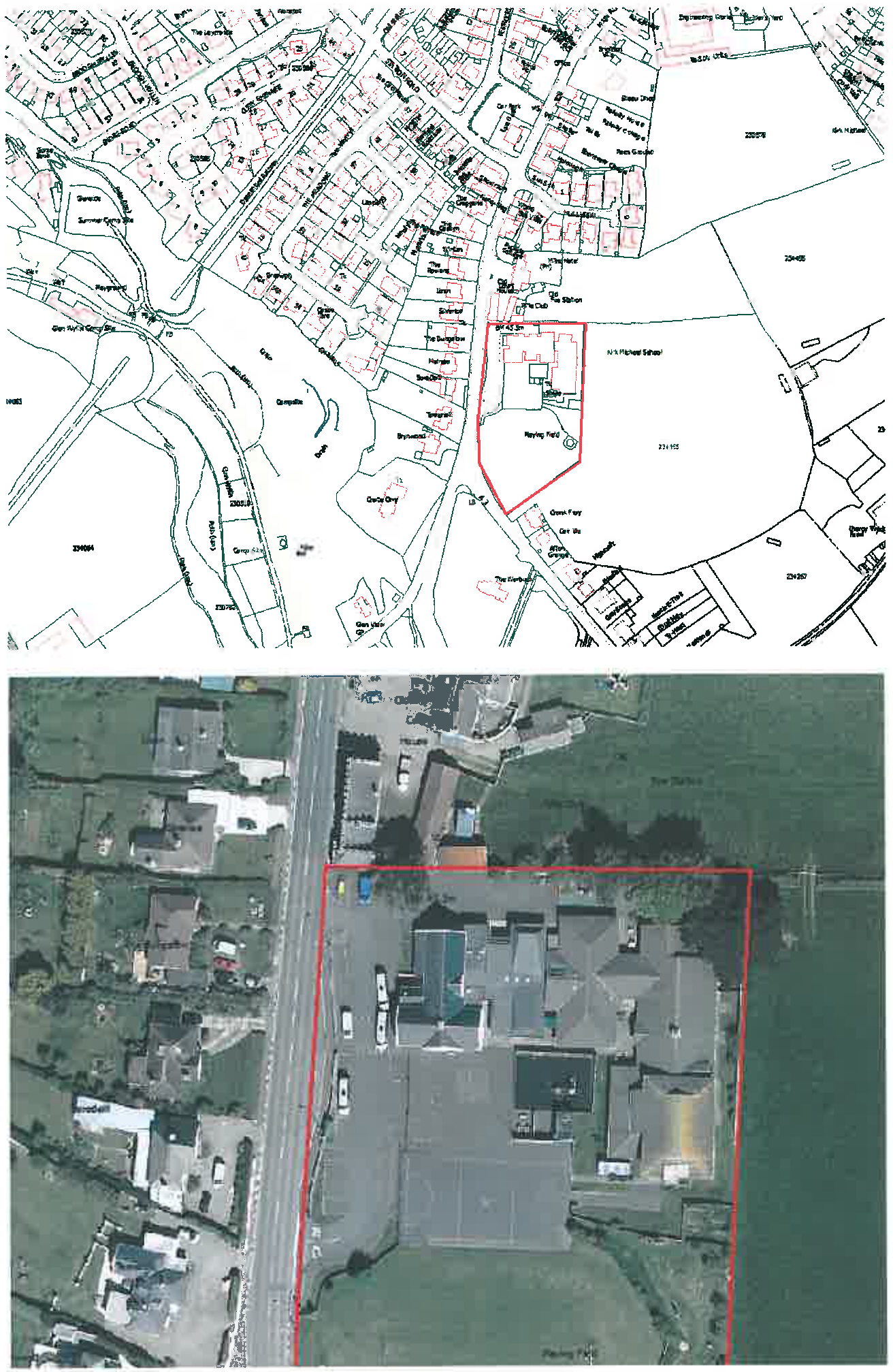 Composite image showing a location map (top) and aerial photograph (bottom) of a school site outlined in red.