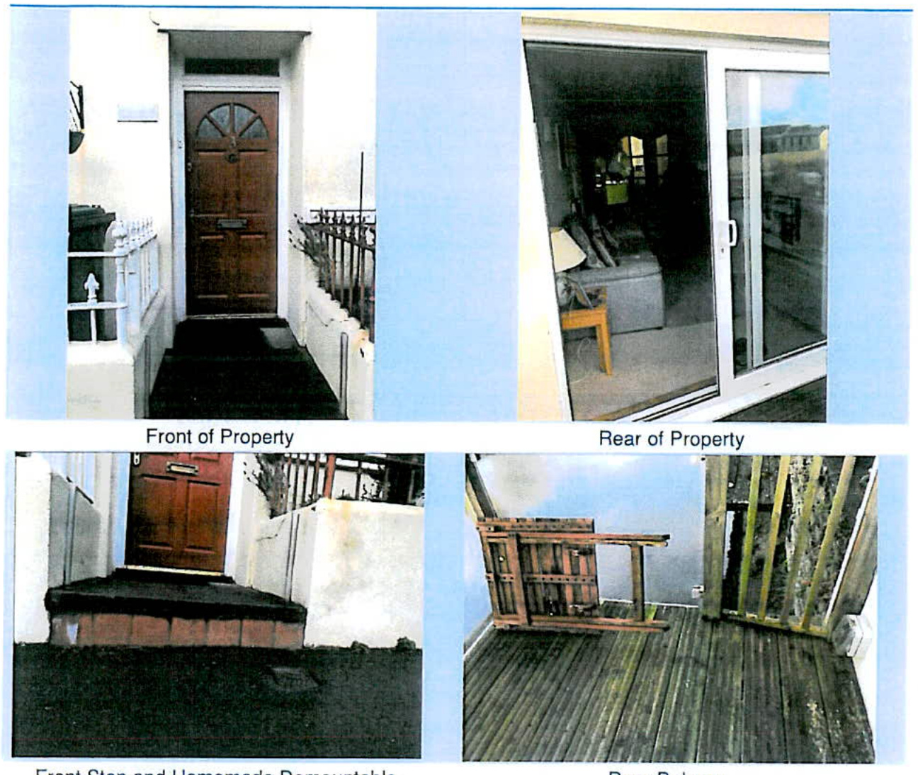 A composite image displaying four photographs of a property's exterior, showing the front entrance door and steps, the rear sliding patio door, and a wooden deck area.
