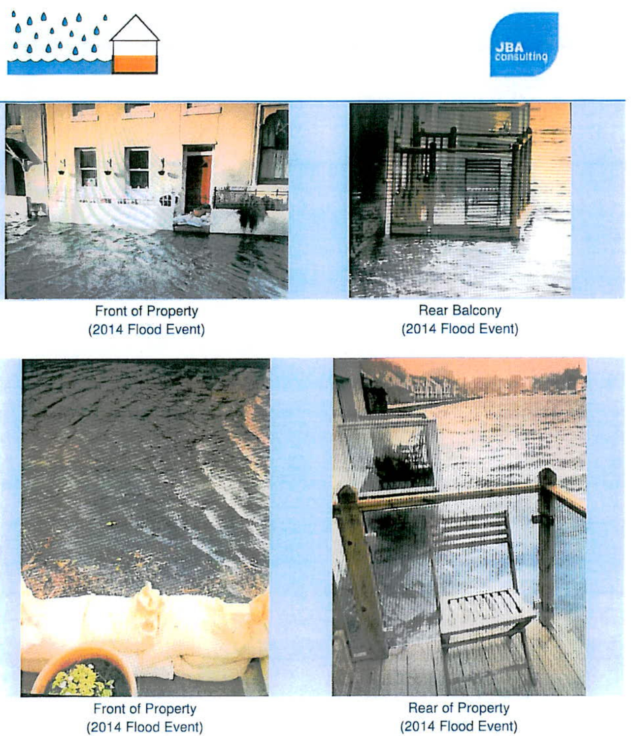 A document page displaying a collage of four photographs documenting a flood event at a property in 2014, showing the front facade, rear balcony, and deck areas affected by water.